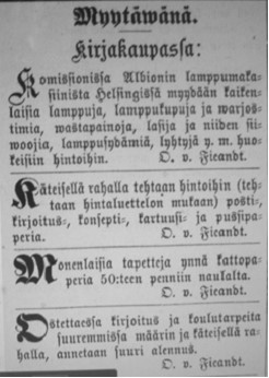 Otto von Fieandtin kirjakaupan lehti-ilmoitus toukokuulta 1876, jolloin käteisellä rahalla sai ostaa paperia tehtaan hintoihin.