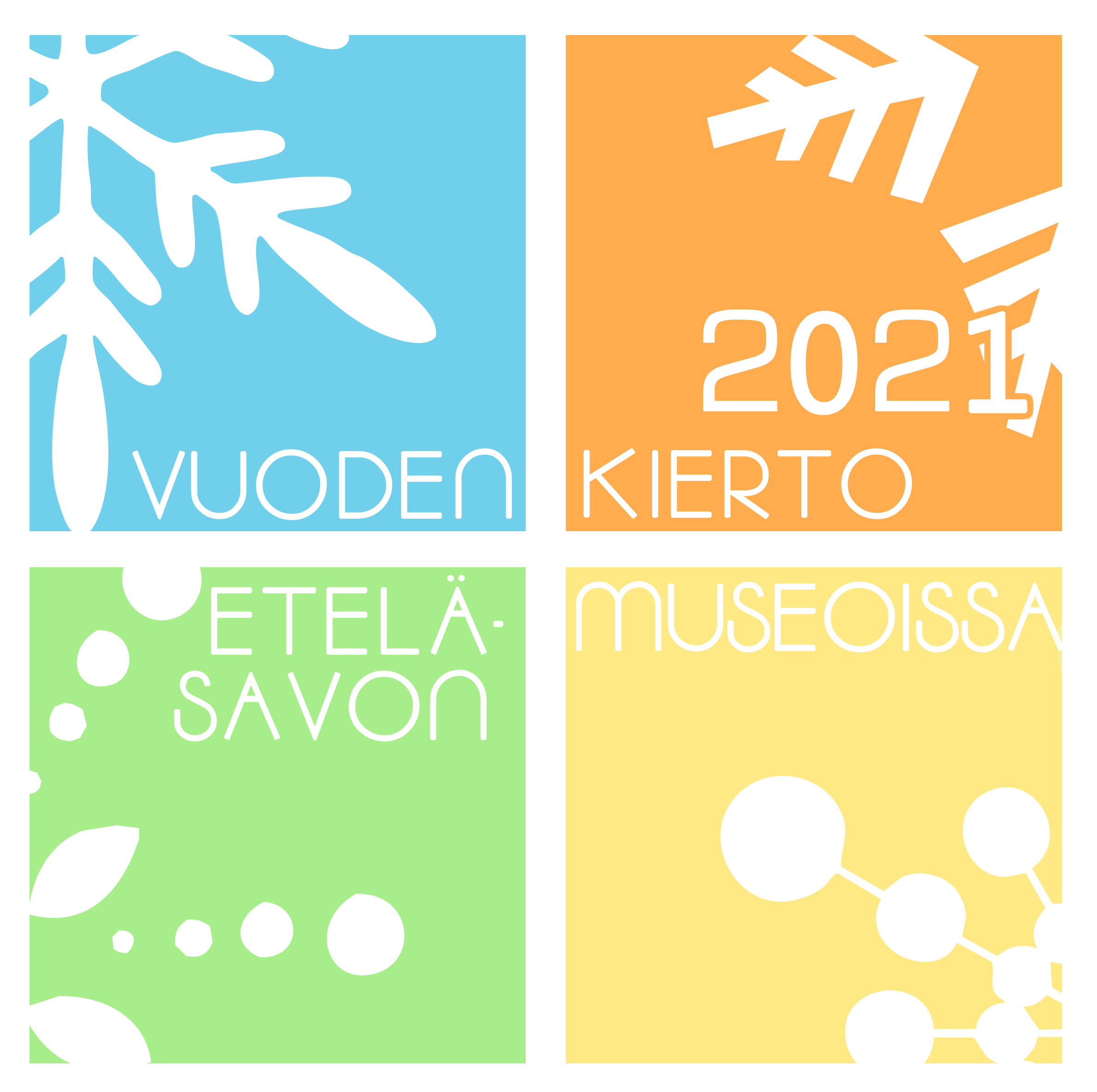 Sinisellä, ruskealla, vihreällä ja keltaisella pohjavärillä tehdyt neliö, jotka kuvaavat neljää vuodenaikaa. Koristeen mm. oksia, lumikiteitä ja kasveja.