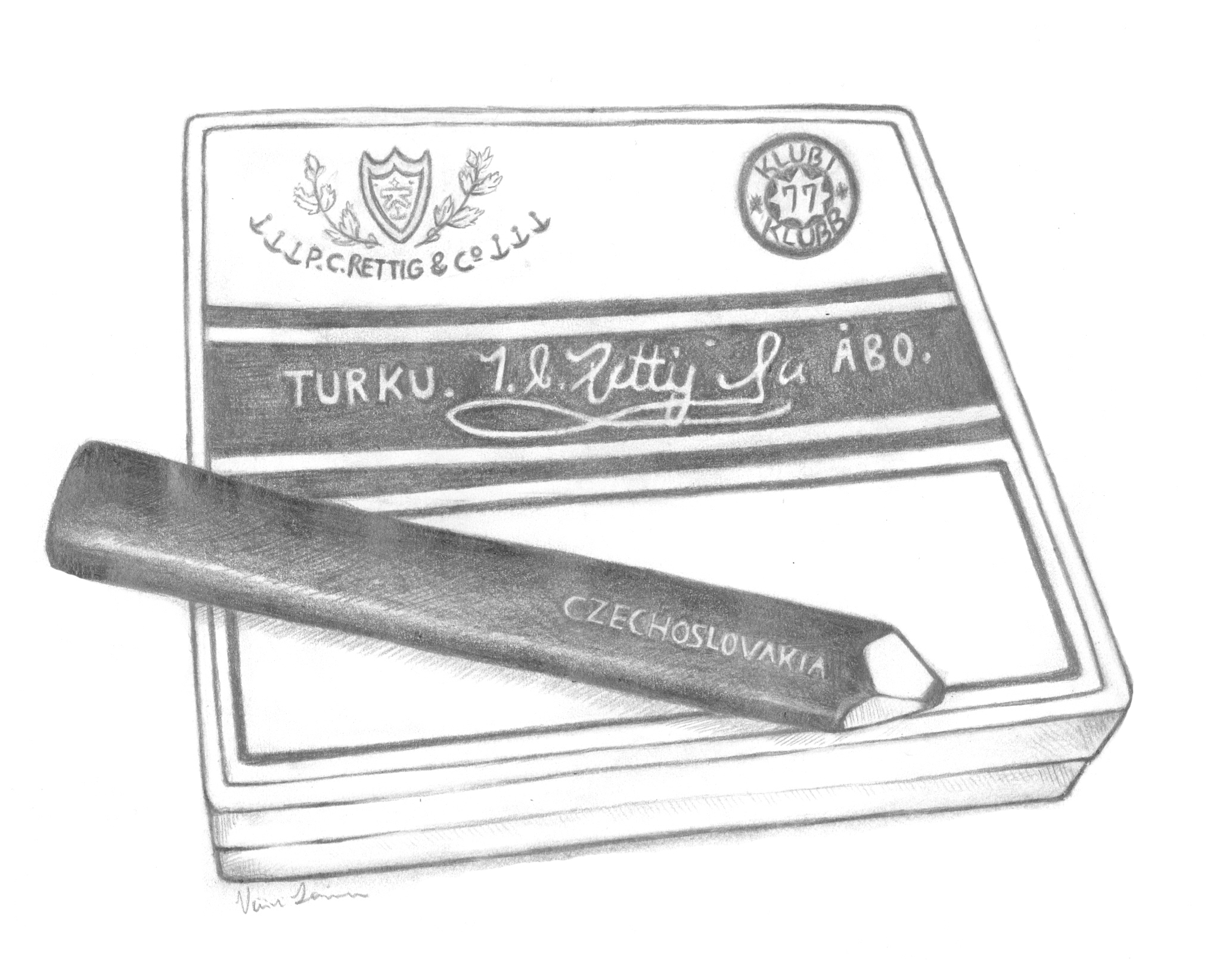 Käsin piirretty kuva Klubi 77 -tupakka-askista, jonka päällä on lyijykynä, missä lukee Czechoslovakia.