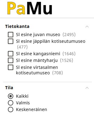 Ruudunkaappauskuva tietokoneen näytöltä. Kuvassa näkyy osakuva kokoelmatietokannan pääsivulta eli tietokannassa olevat museot ja niiden esinemäärä.