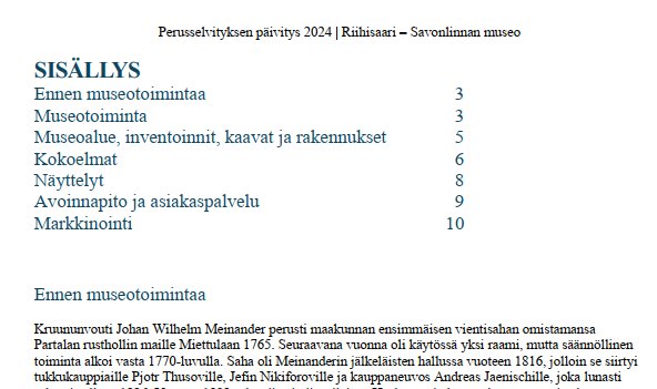 Sisällysluettelo sahan museon perusselvityksestä ja ensimmäinen luku "Ennen museotoimintaa".