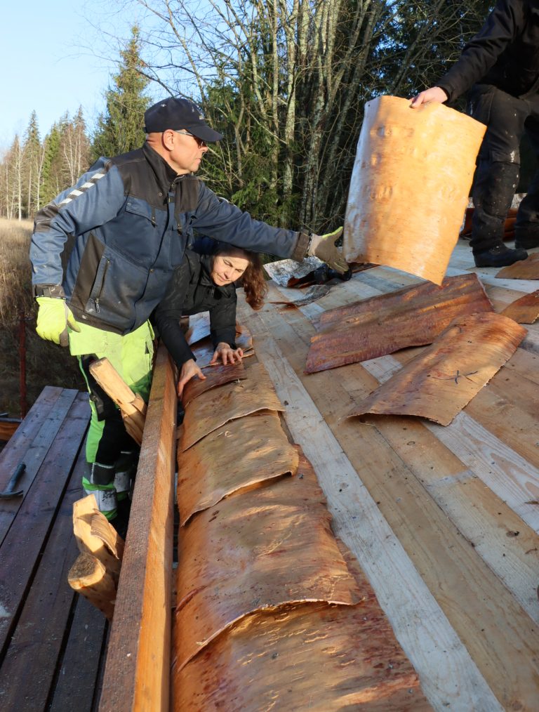 Mies ja nainen rakennustelineellä latomassa tuohia.