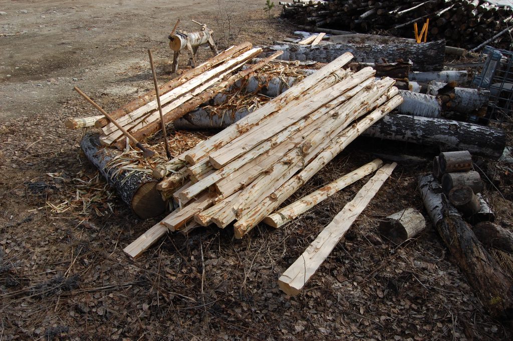 Etualalla petkeleellä kuorittuja, kiilaamalla halkaistuja mäntyjä, taempana koivutukista tehty pukki mäntyjen halkaisua varten.