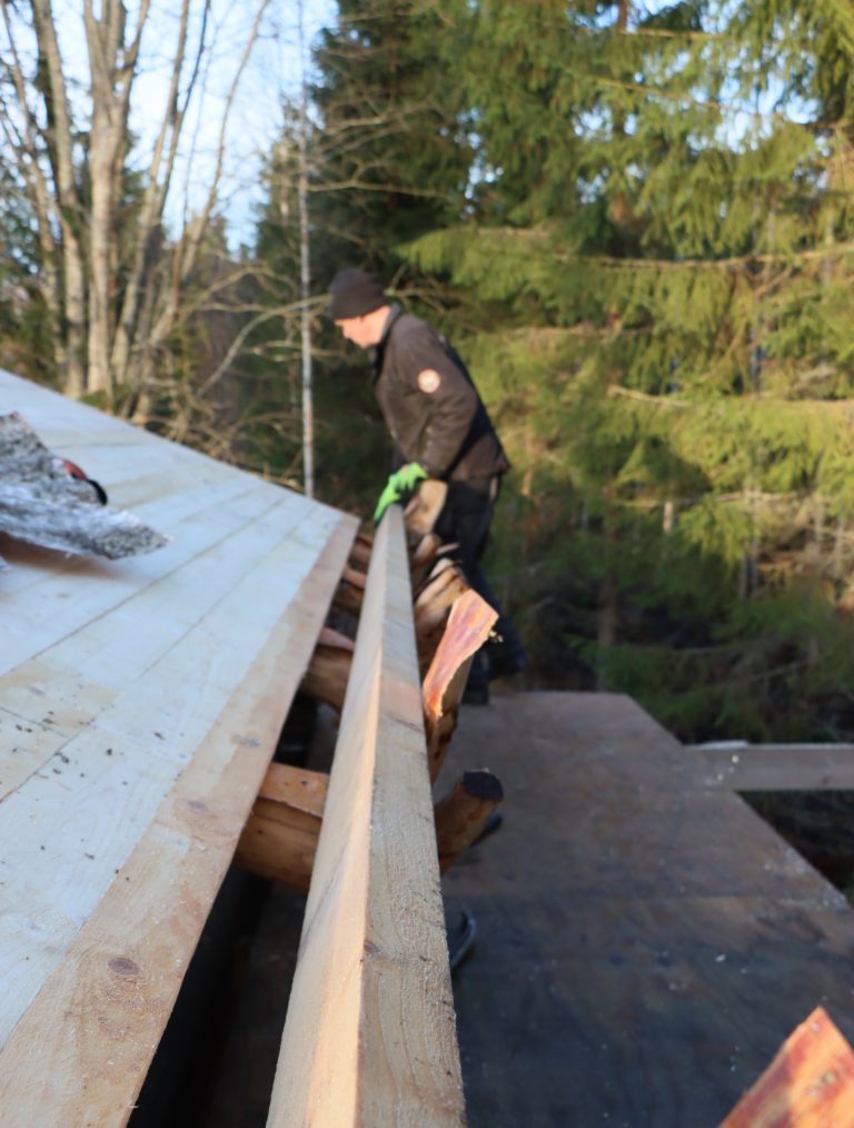 Mies seisoo rakennustelineen päässä. Etualalla on pystyssä juuriskoukku.