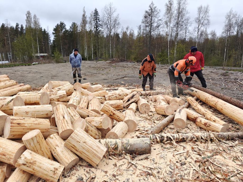 Neljä miestä, joista yksi sahaa kuorittuja mäntyrunkoja pärepölkyiksi.