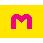 Keltaisella pohjalla violetti M-kirjain.