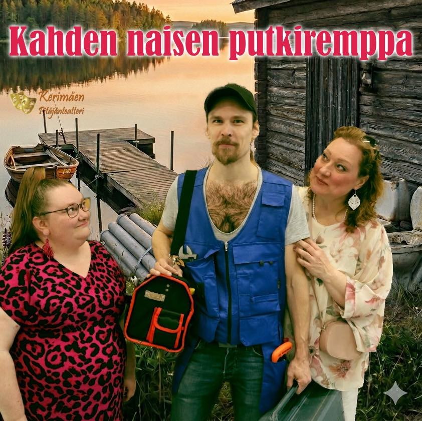 Rakennusmies ja kaksi naistan järven rannalla.