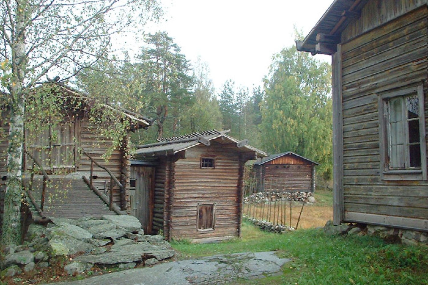 Näkymä pihasta saunalle. Oikealla päärakennuksen nurkkaa, keskellä talli ja putka-aitta ja kauimpana sauna. Kaikki maalaamattomia ja vuoraamattomia pitkänurkkaisia hirsirakennuksia.